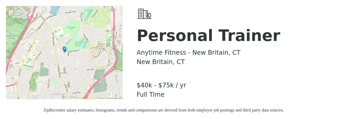 Anytime Fitness - New Britain, CT job posting for a Personal Trainer in New Britain, CT with a salary of $40,000 to $75,000 Yearly with a map of New Britain location.