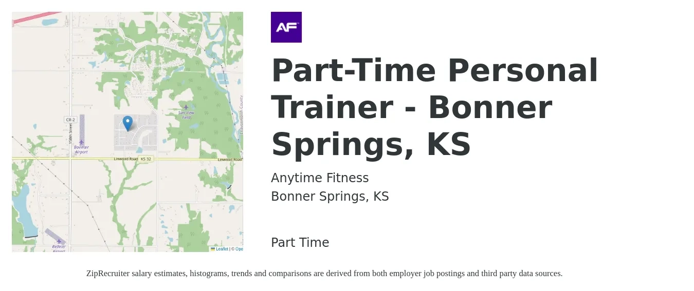 Anytime Fitness job posting for a Part-Time Personal Trainer - Bonner Springs, KS in Bonner Springs, KS with a salary of $20 to $32 Hourly with a map of Bonner Springs location.