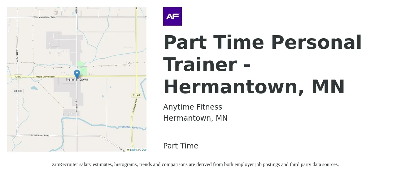 Anytime Fitness job posting for a Part Time Personal Trainer - Hermantown, MN in Hermantown, MN with a salary of $20 to $32 Hourly with a map of Hermantown location.