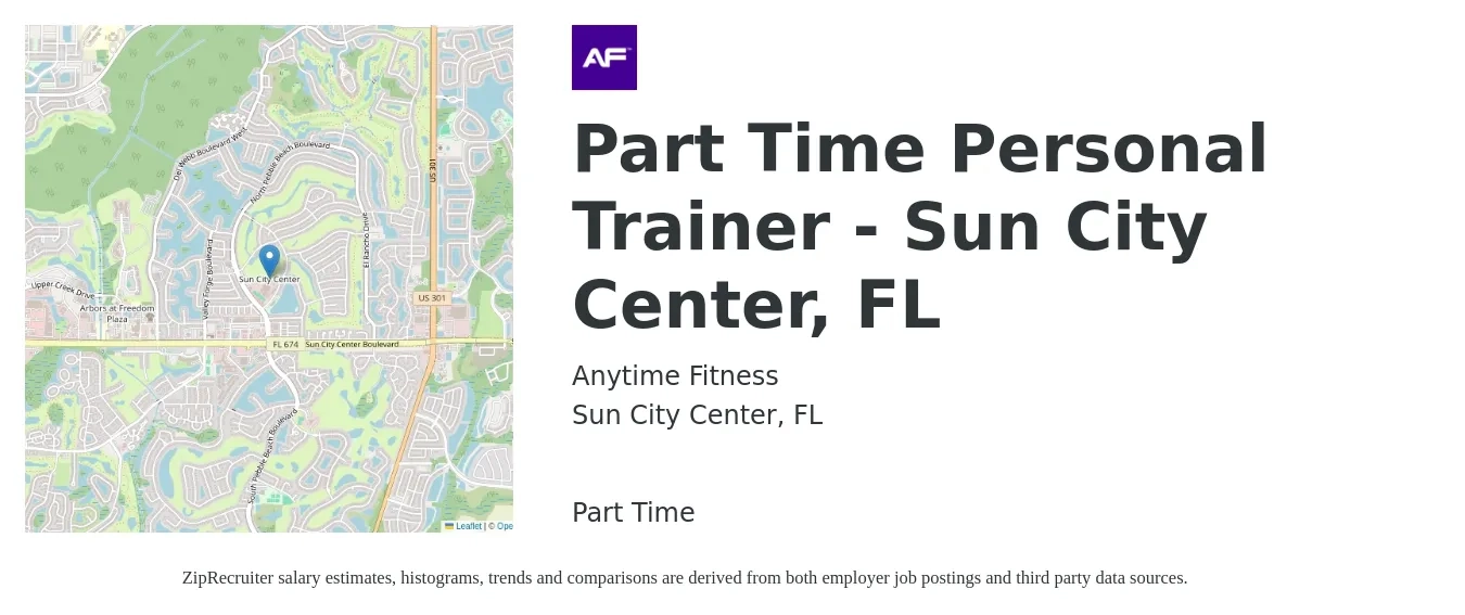 Anytime Fitness job posting for a Part Time Personal Trainer - Sun City Center, FL in Sun City Center, FL with a salary of $16 to $26 Hourly with a map of Sun City Center location.