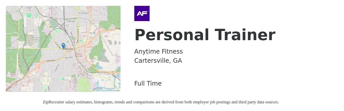 Anytime Fitness job posting for a Personal Trainer in Cartersville, GA with a salary of $18 to $29 Hourly with a map of Cartersville location.