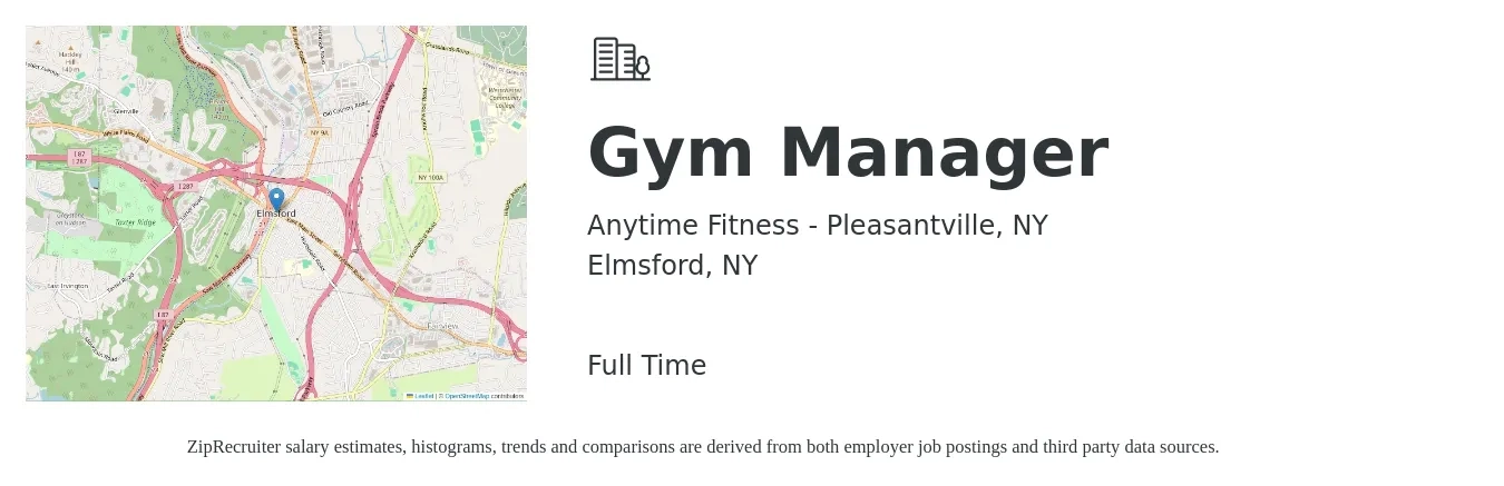 Anytime Fitness - Pleasantville, NY job posting for a Gym Manager in Elmsford, NY with a salary of $40,400 to $63,700 Yearly with a map of Elmsford location.