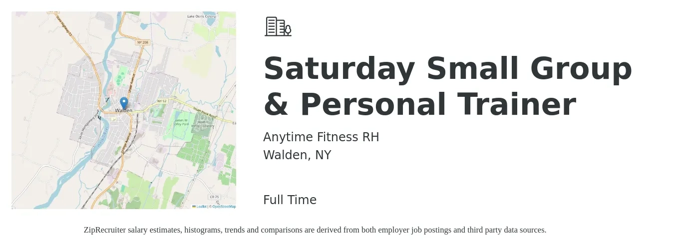 Anytime Fitness RH job posting for a Saturday Small Group & Personal Trainer in Walden, NY with a salary of $20 to $33 Hourly with a map of Walden location.