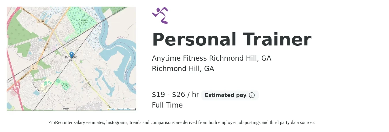 Anytime Fitness Richmond Hill, GA job posting for a Personal Trainer in Richmond Hill, GA with a salary of $20 to $28 Hourly (plus commission) and benefits including pto with a map of Richmond Hill location.