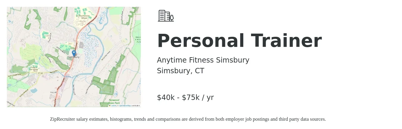 Anytime Fitness Simsbury job posting for a Personal Trainer in Simsbury, CT with a salary of $40,000 to $75,000 Yearly with a map of Simsbury location.