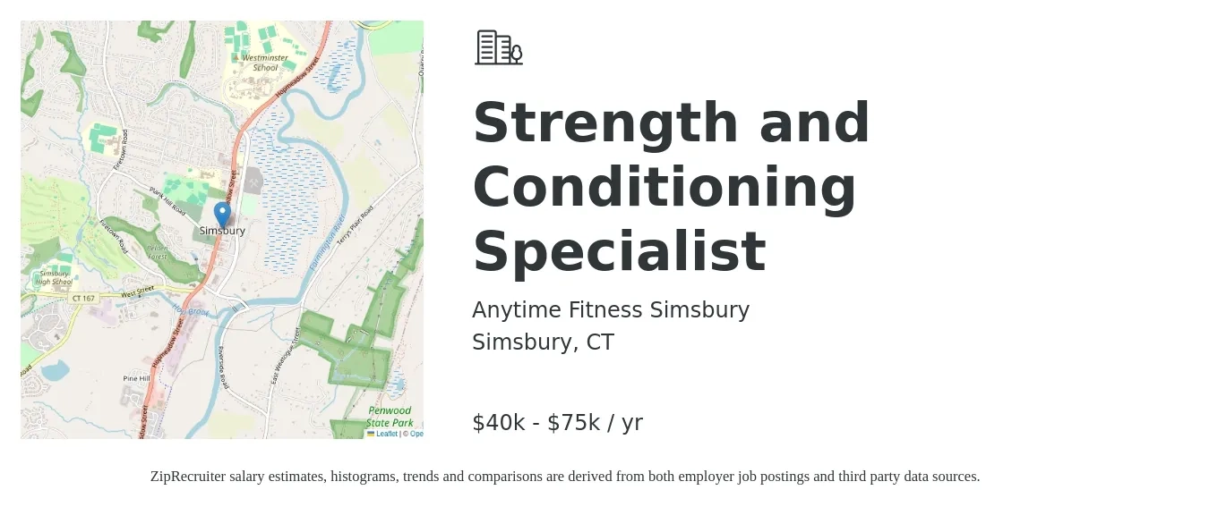 Anytime Fitness Simsbury job posting for a Strength and Conditioning Specialist in Simsbury, CT with a salary of $40,000 to $75,000 Yearly with a map of Simsbury location.