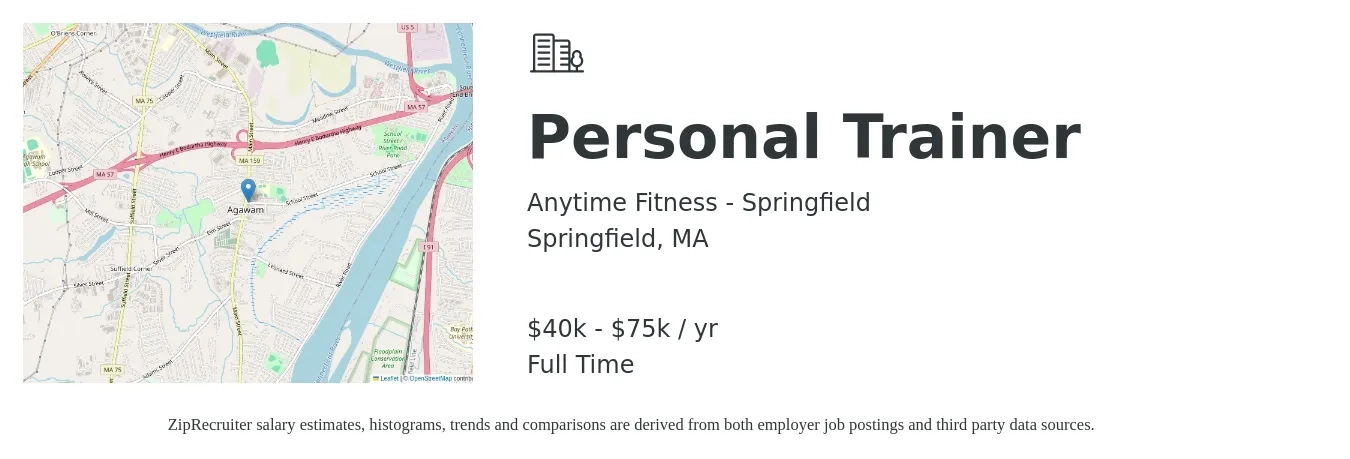 Anytime Fitness - Springfield job posting for a Personal Trainer in Springfield, MA with a salary of $40,000 to $75,000 Yearly with a map of Springfield location.