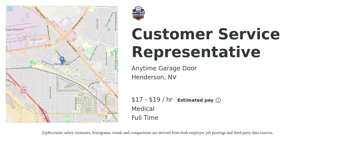 Anytime Garage Door job posting for a Customer Service Representative in Henderson, NV with a salary of $18 to $20 Hourly and benefits including medical, and pto with a map of Henderson location.