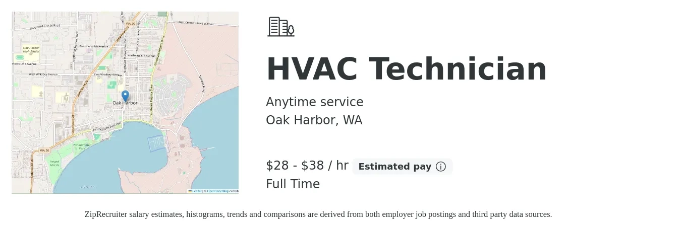 Anytime service job posting for a HVAC Technician in Oak Harbor, WA with a salary of $30 to $40 Hourly with a map of Oak Harbor location.