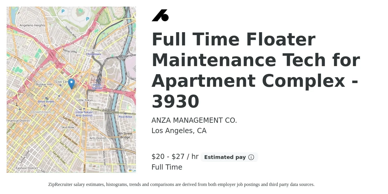 ANZA MANAGEMENT CO. job posting for a Full Time Floater Maintenance Tech for Apartment Complex - 3930 in Los Angeles, CA with a salary of $21 to $29 Hourly with a map of Los Angeles location.