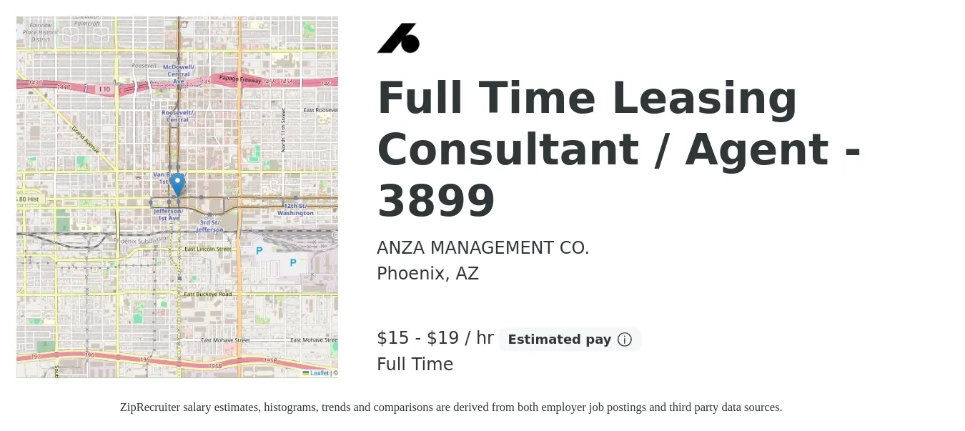 ANZA MANAGEMENT CO. job posting for a Full Time Leasing Consultant / Agent - 3899 in Phoenix, AZ with a salary of $16 to $20 Hourly with a map of Phoenix location.