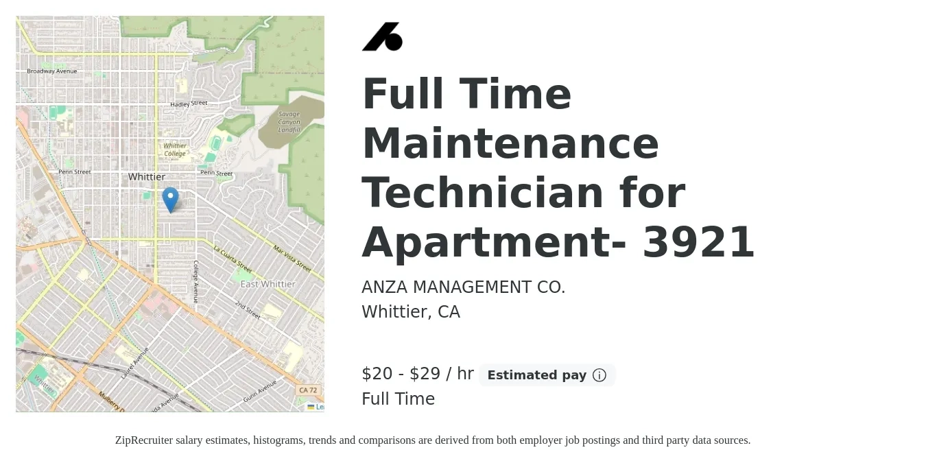 ANZA MANAGEMENT CO. job posting for a Full Time Maintenance Technician for Apartment- 3921 in Whittier, CA with a salary of $21 to $31 Hourly with a map of Whittier location.
