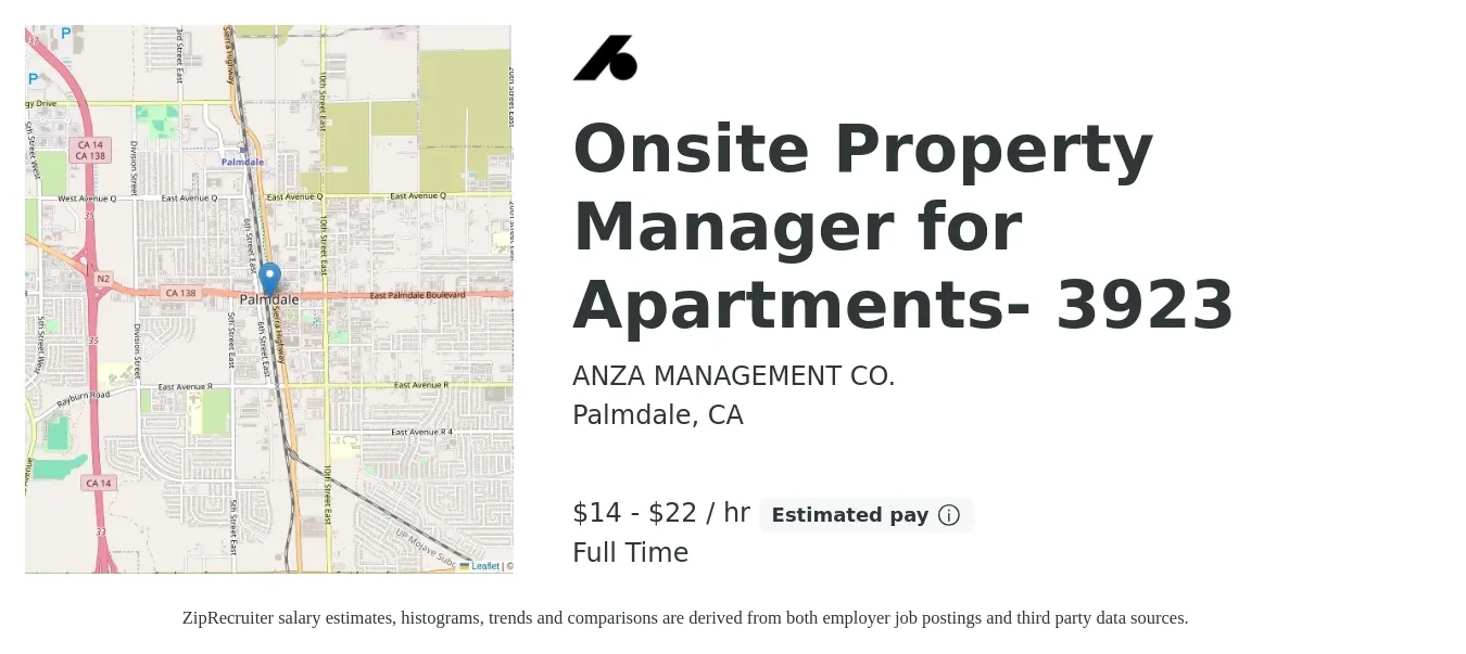 ANZA MANAGEMENT CO. job posting for a Onsite Property Manager for Apartments- 3923 in Palmdale, CA with a salary of $15 to $23 Hourly with a map of Palmdale location.
