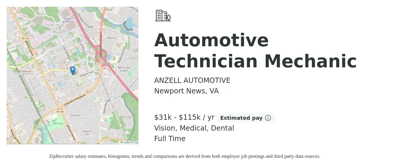 ANZELL AUTOMOTIVE job posting for a Automotive Technician Mechanic in Newport News, VA with a salary of $31,000 to $115,000 Yearly and benefits including dental, medical, retirement, and vision with a map of Newport News location.