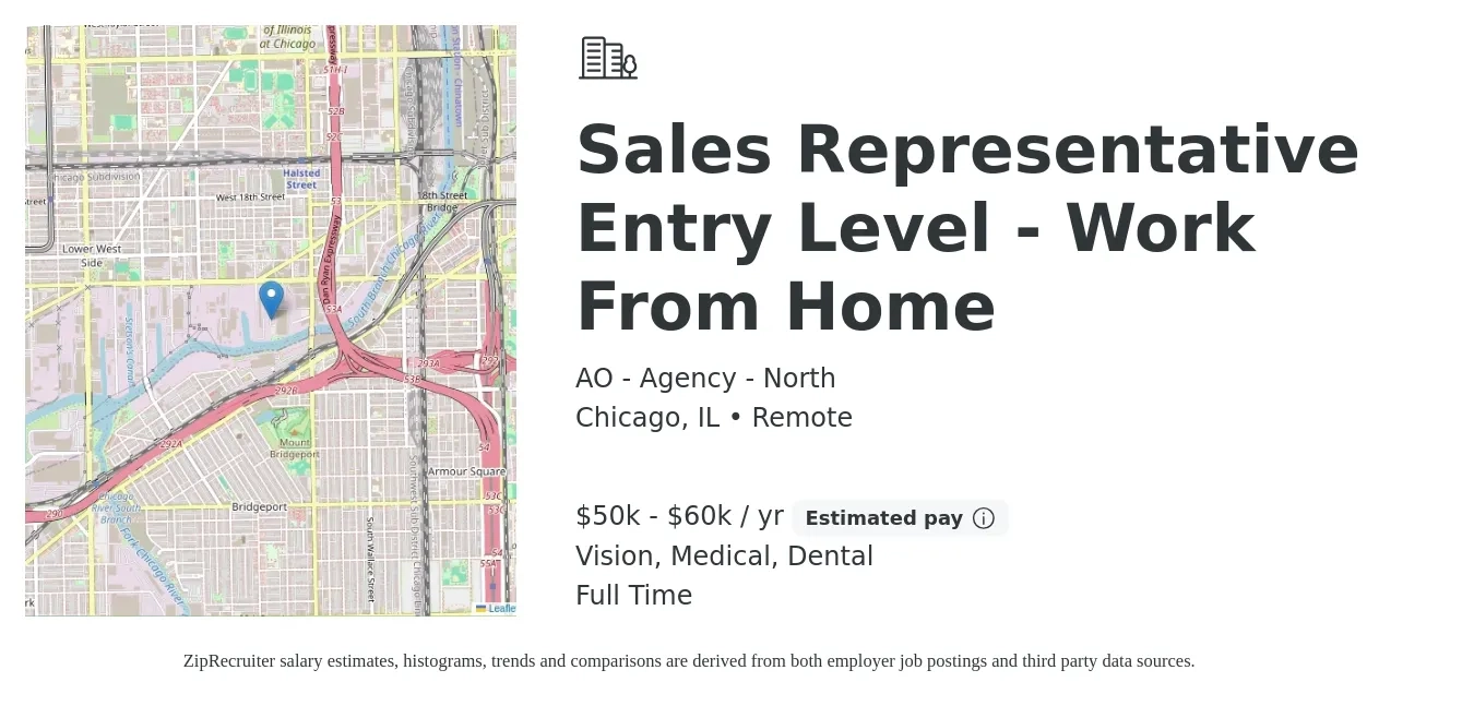 Altig - Group - AIL job posting for a Sales Representative Entry Level - Work From Home in Chicago, IL with a salary of $50,000 to $60,000 Yearly and benefits including dental, life_insurance, medical, and vision with a map of Chicago location.
