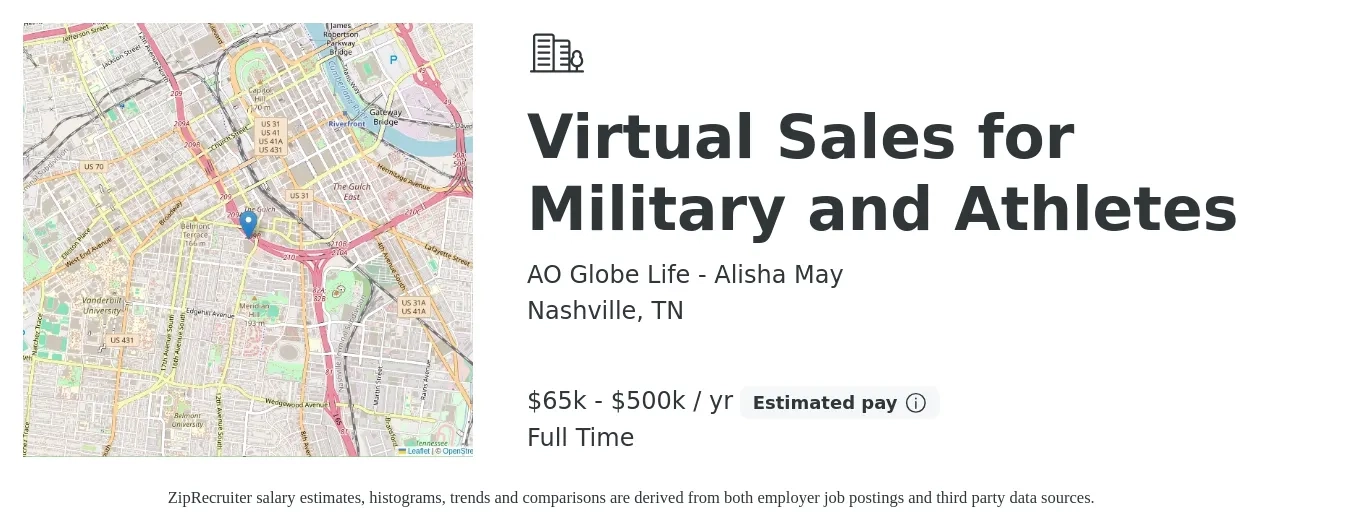 AO Globe Life - Alisha May job posting for a Virtual Sales for Military and Athletes in Nashville, TN with a salary of $65,000 to $500,000 Yearly with a map of Nashville location.
