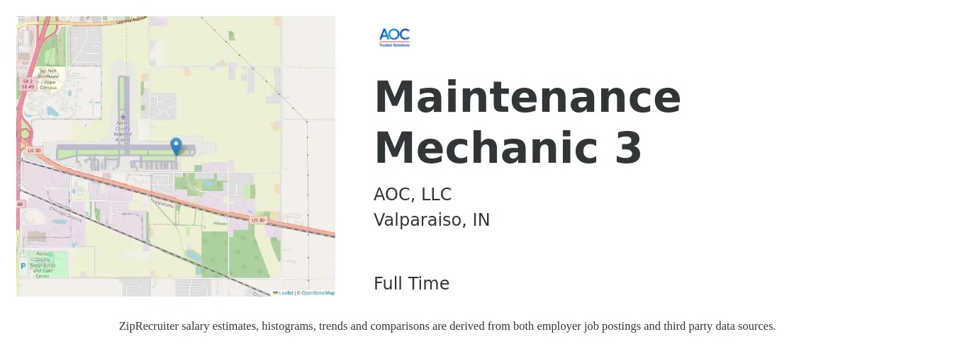 AOC, LLC job posting for a Maintenance Mechanic 3 in Valparaiso, IN with a salary of $20 to $26 Hourly with a map of Valparaiso location.