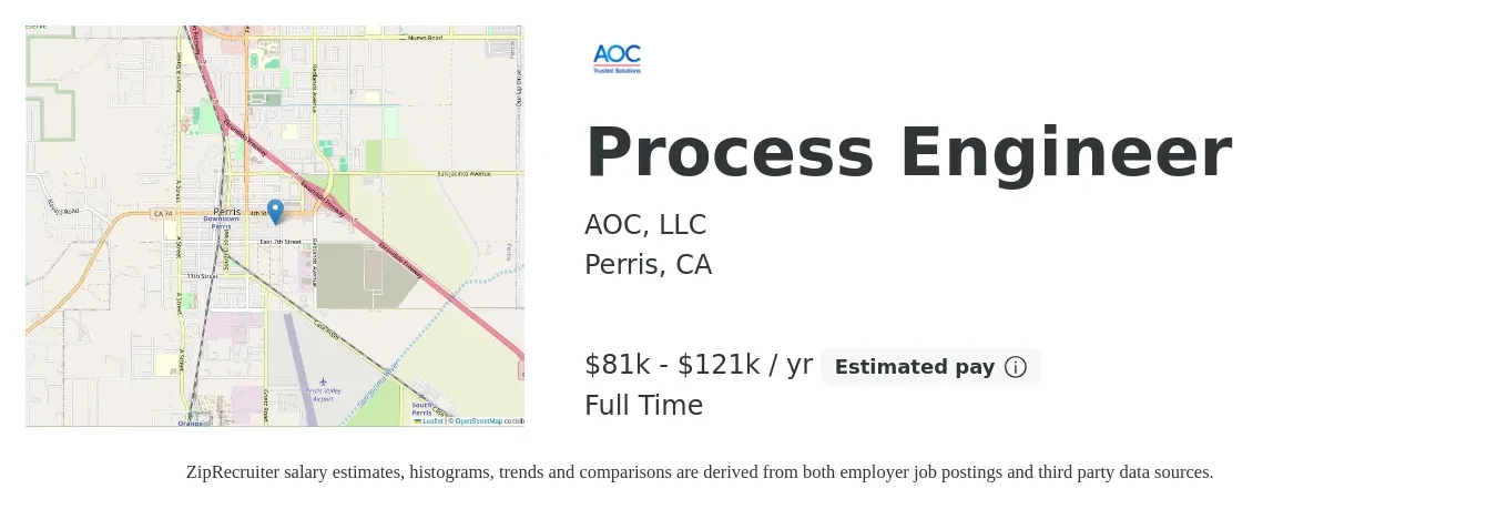 AOC, LLC job posting for a Process Engineer in Perris, CA with a salary of $81,041 to $121,562 Yearly with a map of Perris location.