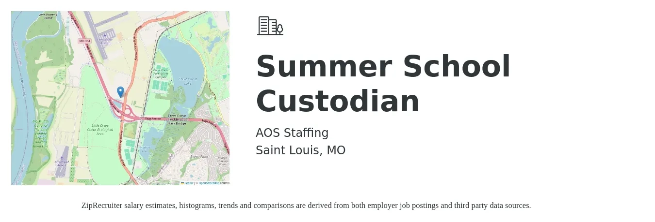 AOS Staffing job posting for a Summer School Custodian in Saint Louis, MO with a salary of $16 Hourly with a map of Saint Louis location.