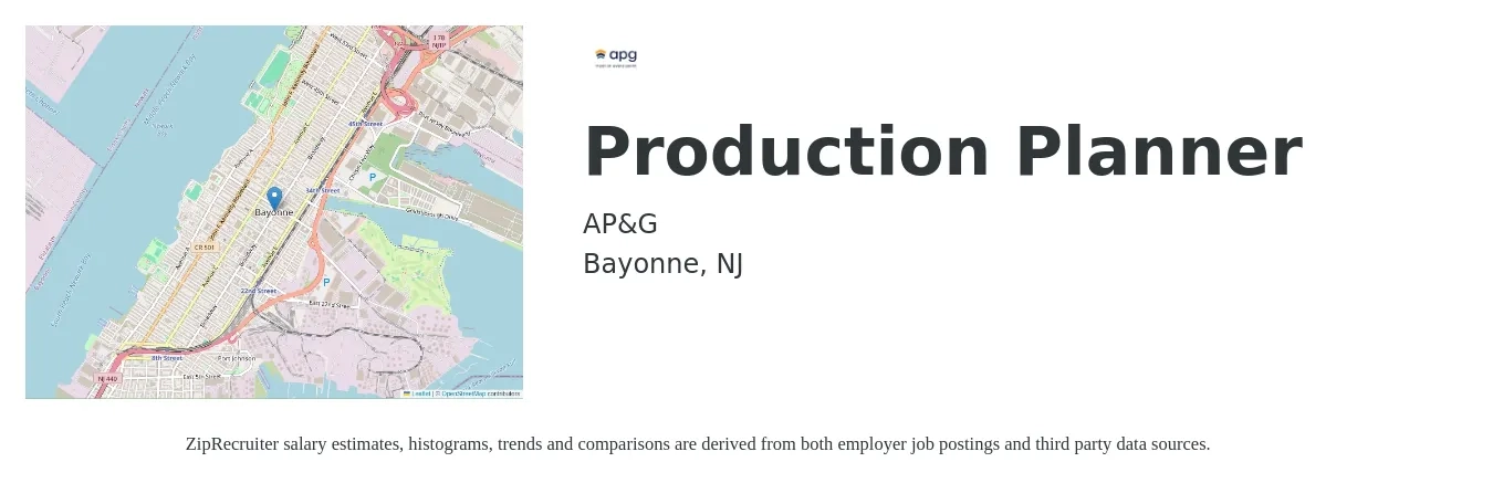 AP&G job posting for a Production Planner in Bayonne, NJ with a salary of $26 to $37 Hourly with a map of Bayonne location.