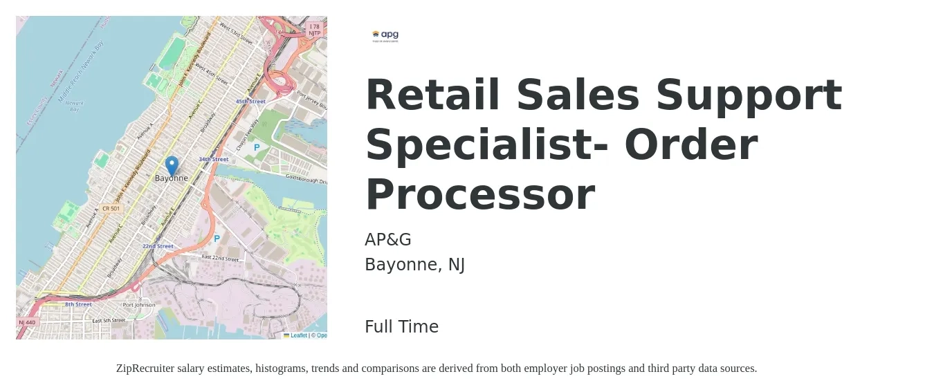 AP&G job posting for a Retail Sales Support Specialist- Order Processor in Bayonne, NJ with a salary of $17 to $24 Hourly with a map of Bayonne location.