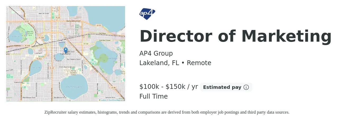 AP4 Group job posting for a Director of Marketing in Lakeland, FL with a salary of $100,000 to $150,000 Yearly with a map of Lakeland location.