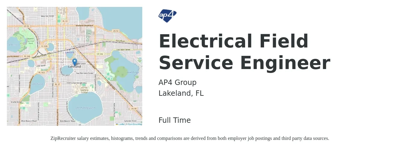 AP4 Group job posting for a Electrical Field Service Engineer in Lakeland, FL with a salary of $58,700 to $77,400 Yearly with a map of Lakeland location.