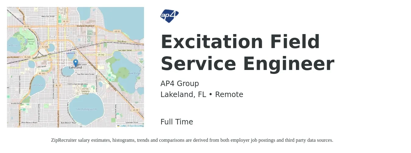 AP4 Group job posting for a Excitation Field Service Engineer in Lakeland, FL with a salary of $53,100 to $78,800 Yearly with a map of Lakeland location.