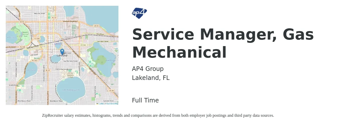 AP4 Group job posting for a Service Manager, Gas Mechanical in Lakeland, FL with a salary of $67,100 to $110,900 Yearly with a map of Lakeland location.