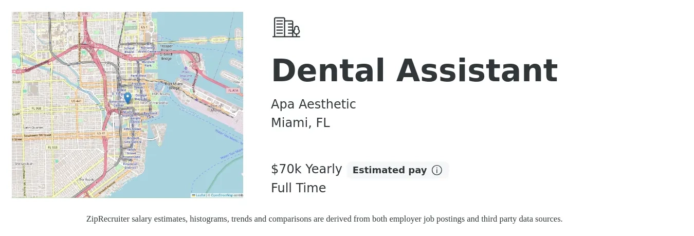 Apa Aesthetic job posting for a Dental Assistant in Miami, FL with a salary of $70,000 Yearly with a map of Miami location.