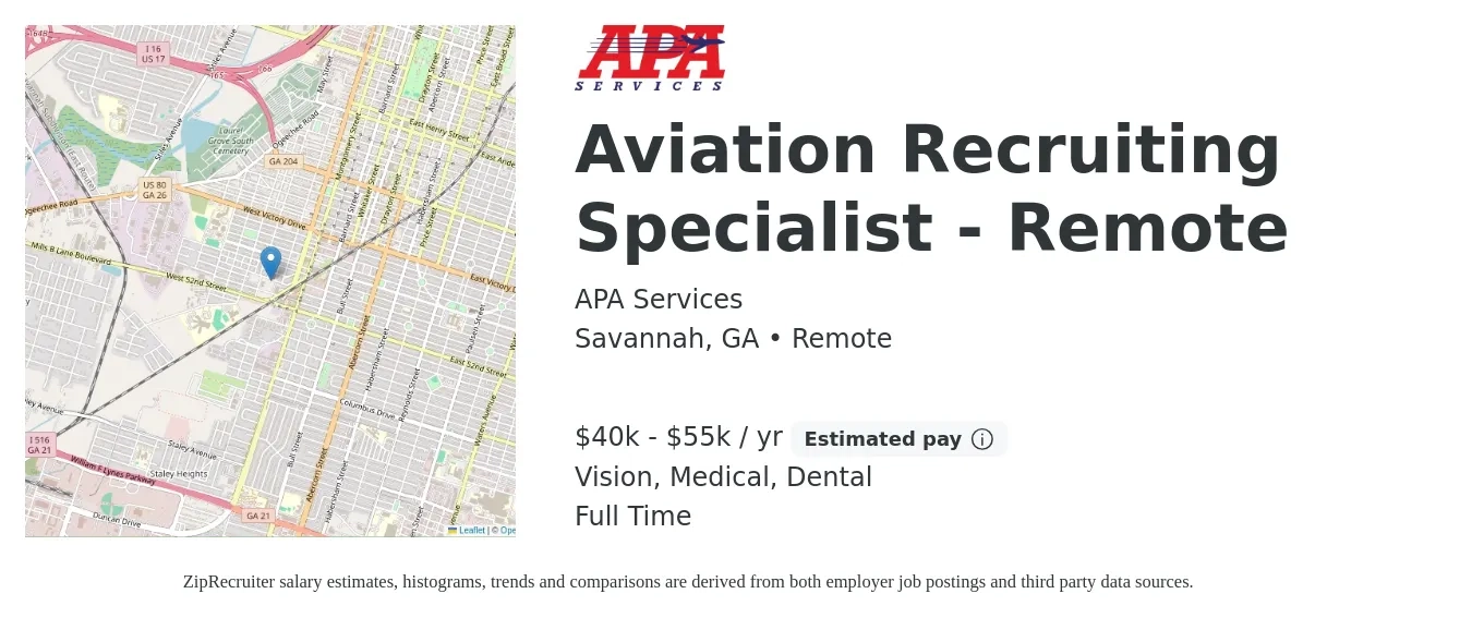 APA Services job posting for a Aviation Recruiting Specialist - Remote in Savannah, GA with a salary of $40,000 to $55,000 Yearly and benefits including life_insurance, medical, vision, and dental with a map of Savannah location.