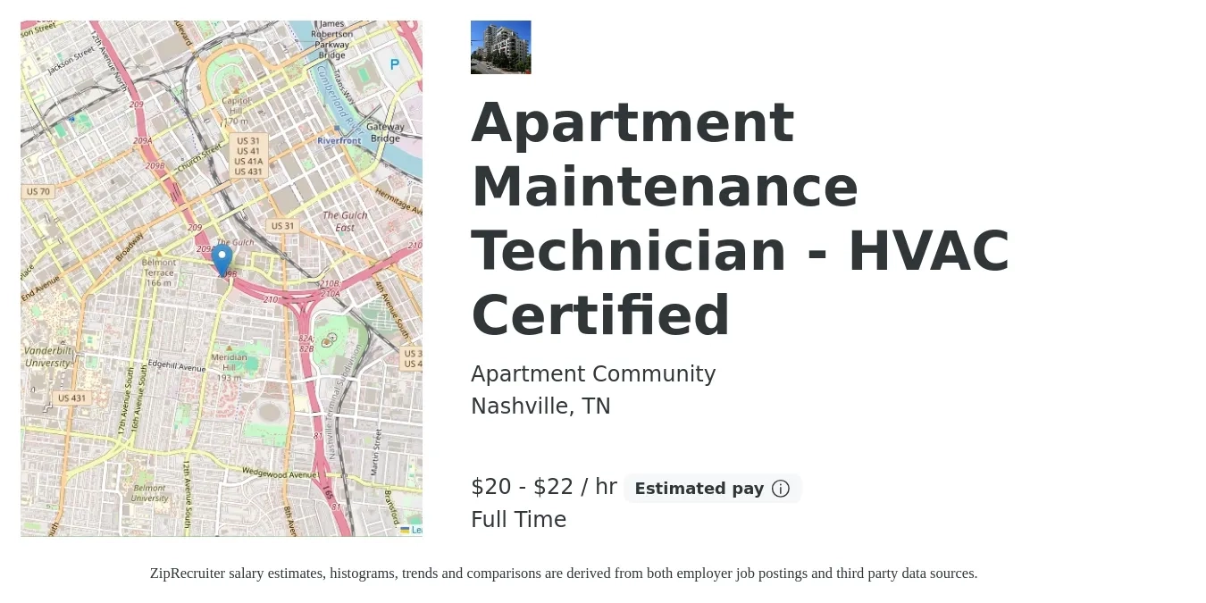 Apartment Community job posting for a Apartment Maintenance Technician - HVAC Certified in Nashville, TN with a salary of $22 to $23 Hourly with a map of Nashville location.