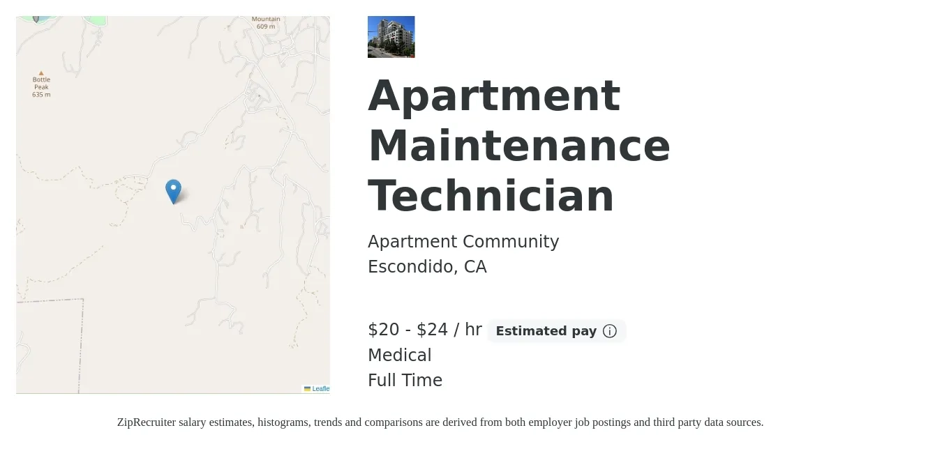 Apartment Community job posting for a Apartment Maintenance Technician in Escondido, CA with a salary of $21 to $25 Hourly and benefits including medical with a map of Escondido location.
