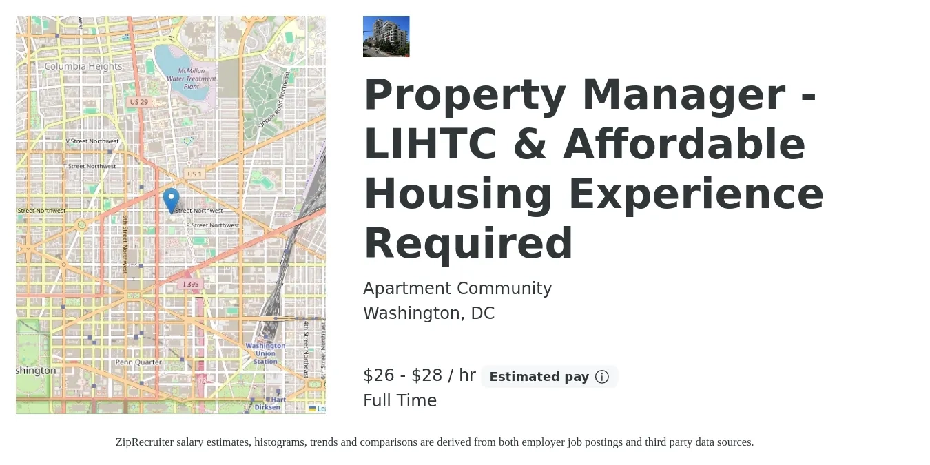 Apartment Community job posting for a Property Manager - LIHTC & Affordable Housing Experience Required in Washington, DC with a salary of $28 to $30 Hourly with a map of Washington location.