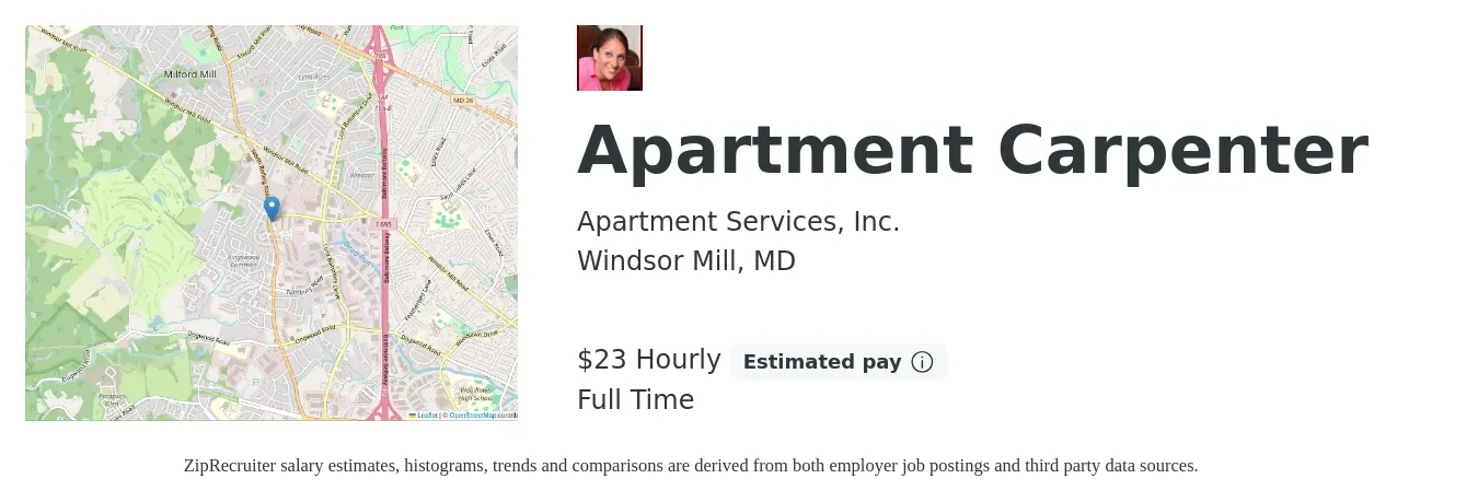 Apartment Services, Inc. job posting for a Apartment Carpenter in Windsor Mill, MD with a salary of $24 Hourly with a map of Windsor Mill location.