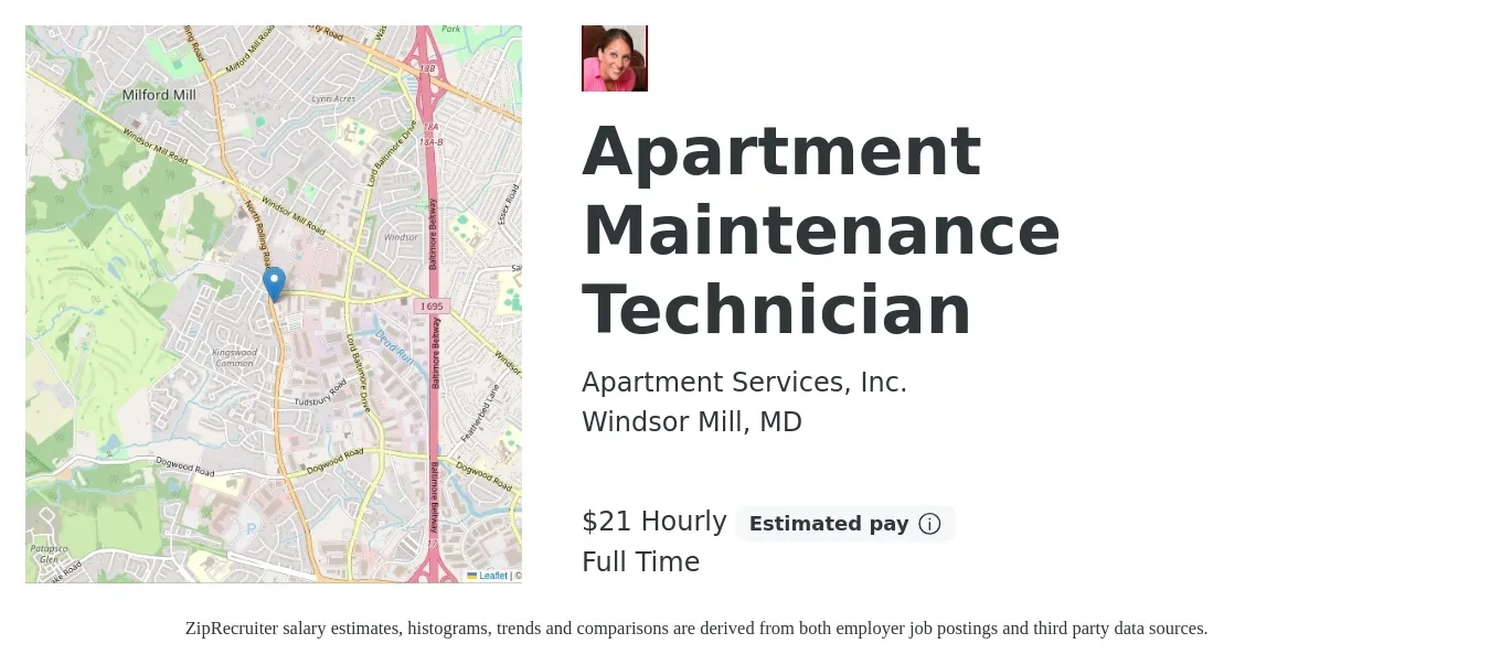 Apartment Services, Inc. job posting for a Apartment Maintenance Technician in Windsor Mill, MD with a salary of $22 Hourly with a map of Windsor Mill location.