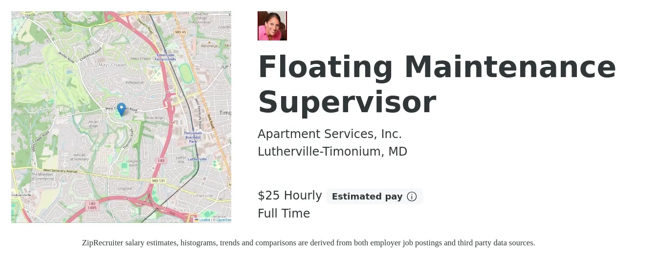 Apartment Services, Inc. job posting for a Floating Maintenance Supervisor in Lutherville-Timonium, MD with a salary of $23 to $38 Hourly with a map of Lutherville-Timonium location.