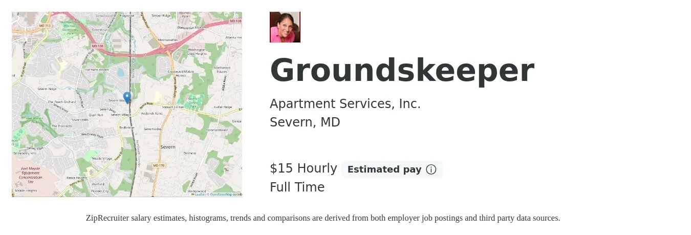 Apartment Services, Inc. job posting for a Groundskeeper in Severn, MD with a salary of $16 Hourly with a map of Severn location.