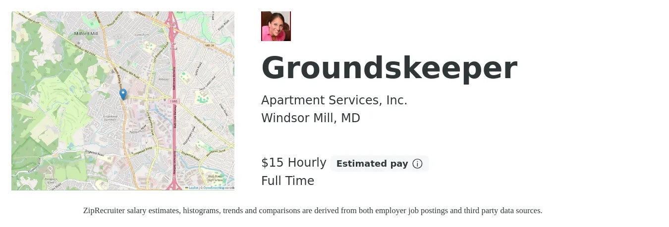 Apartment Services, Inc. job posting for a Groundskeeper in Windsor Mill, MD with a salary of $16 Hourly with a map of Windsor Mill location.