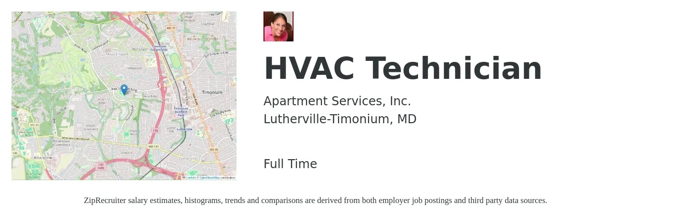 Apartment Services, Inc. job posting for a HVAC Technician in Lutherville-Timonium, MD with a salary of $22 to $32 Hourly with a map of Lutherville-Timonium location.