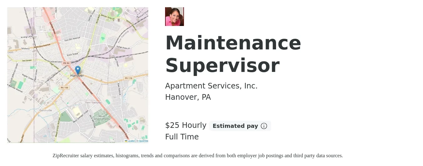 Apartment Services, Inc. job posting for a Maintenance Supervisor in Hanover, PA with a salary of $26 Hourly with a map of Hanover location.