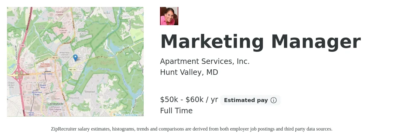 Apartment Services, Inc. job posting for a Marketing Manager in Hunt Valley, MD with a salary of $50,000 to $60,000 Yearly with a map of Hunt Valley location.