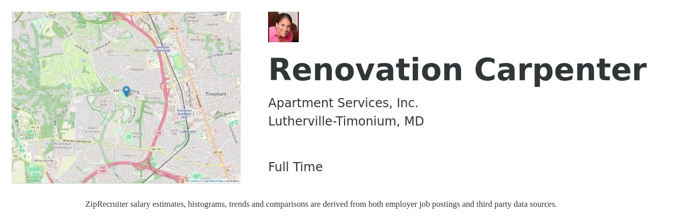 Apartment Services, Inc. job posting for a Renovation Carpenter in Lutherville-Timonium, MD with a salary of $21 to $28 Hourly with a map of Lutherville-Timonium location.