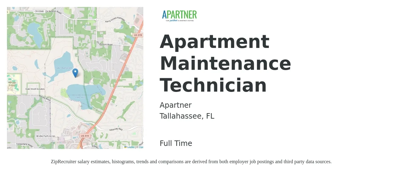 Apartner job posting for a Apartment Maintenance Technician in Tallahassee, FL with a salary of $17 to $20 Hourly with a map of Tallahassee location.