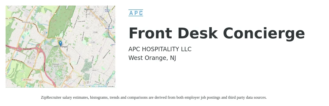 APC Hospitality job posting for a Front Desk Concierge in West Orange, NJ with a salary of $16 to $20 Hourly with a map of West Orange location.