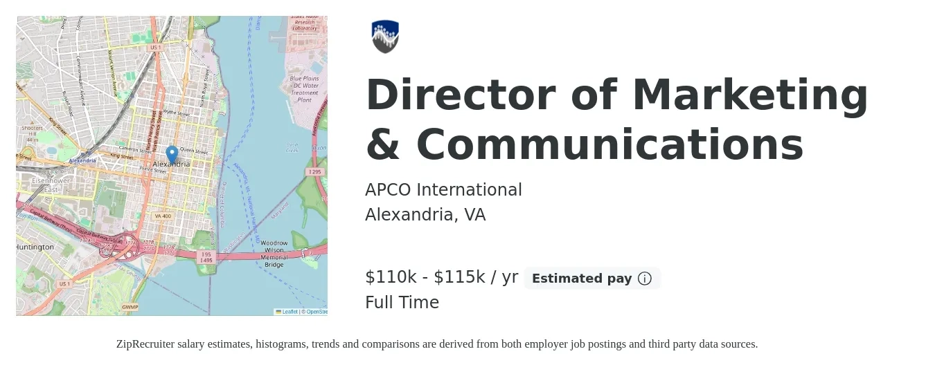 APCO International job posting for a Director of Marketing & Communications in Alexandria, VA with a salary of $110,000 to $115,000 Yearly with a map of Alexandria location.
