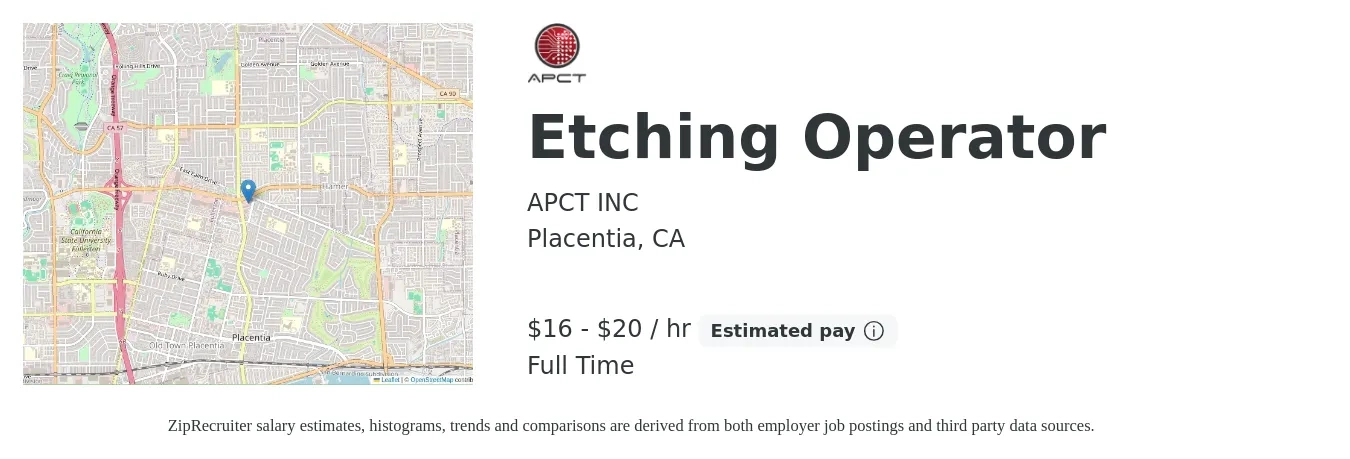 APCT INC job posting for a Etching Operator in Placentia, CA with a salary of $17 to $21 Hourly with a map of Placentia location.