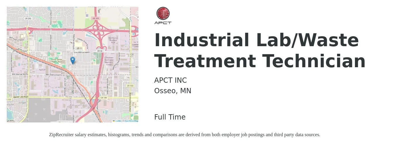 APCT INC job posting for a Industrial Lab/Waste Treatment Technician in Osseo, MN with a salary of $20 to $26 Hourly with a map of Osseo location.