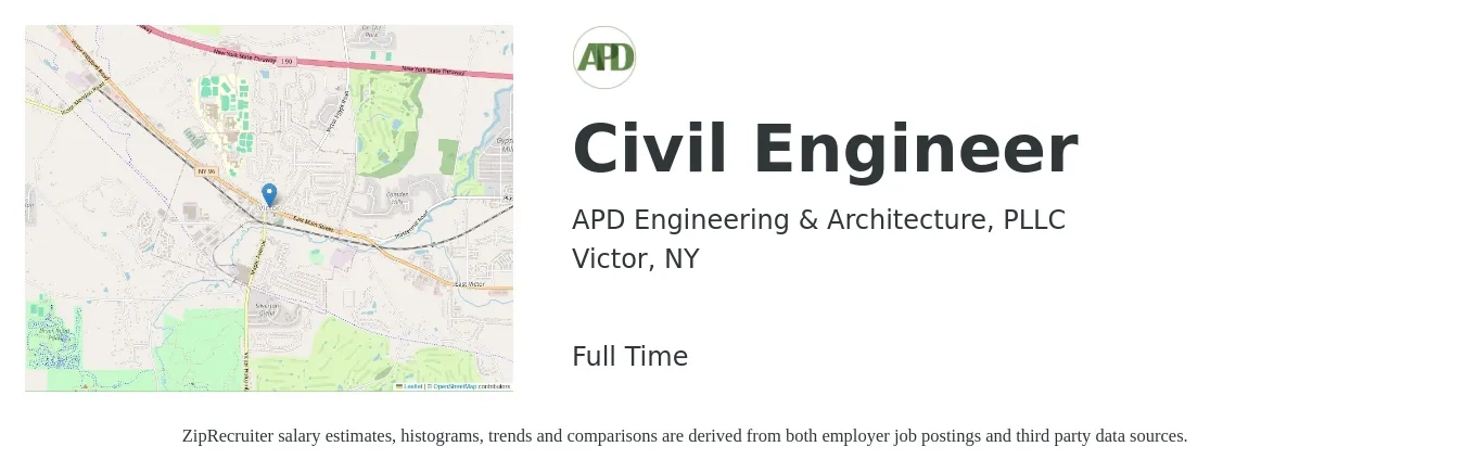 APD Engineering & Architecture, PLLC job posting for a Civil Engineer in Victor, NY with a salary of $64,700 to $94,400 Yearly with a map of Victor location.