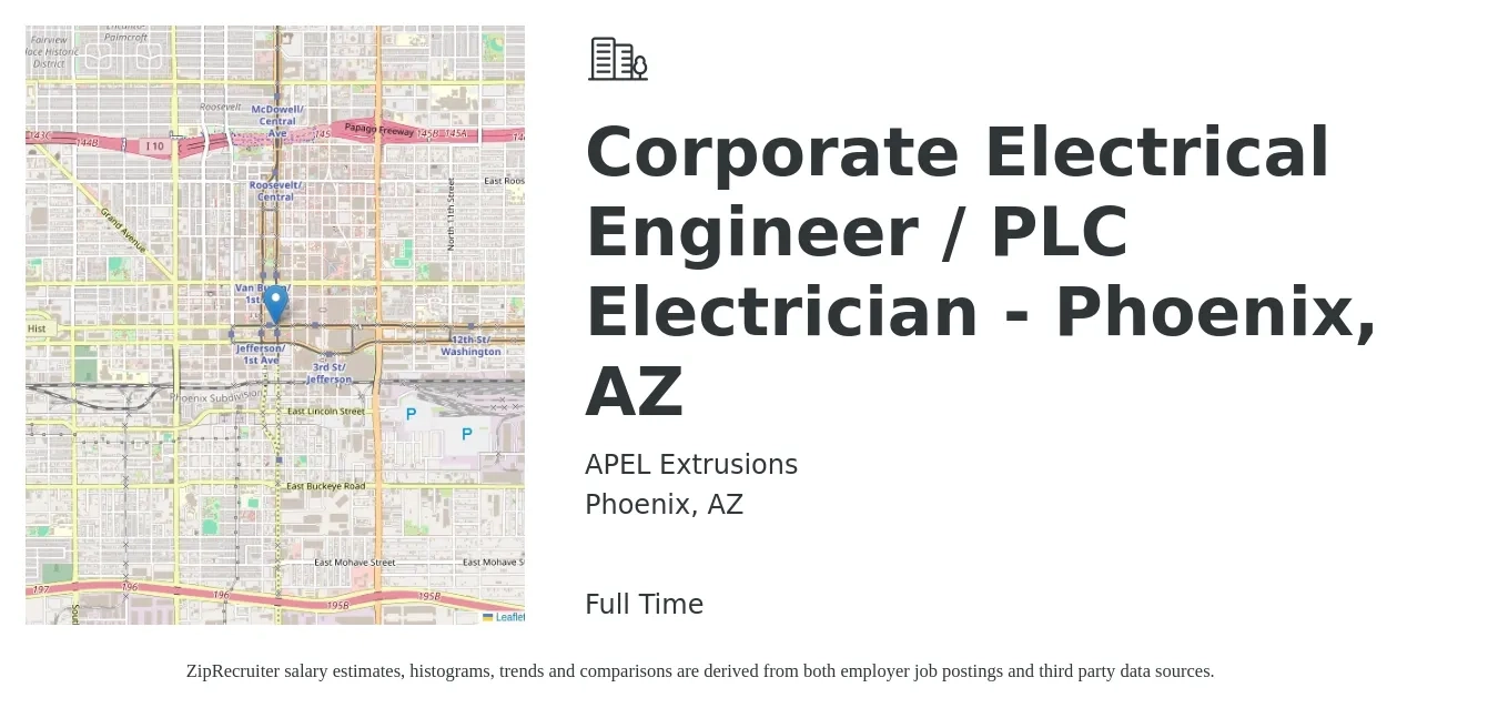 APEL Extrusions job posting for a Corporate Electrical Engineer / PLC Electrician - Phoenix, AZ in Phoenix, AZ with a salary of $81,800 to $130,100 Yearly with a map of Phoenix location.